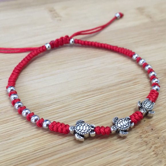 Braided Silver Turtle Lucky Red String Adjustable Bracelet - Picture 3 of 3